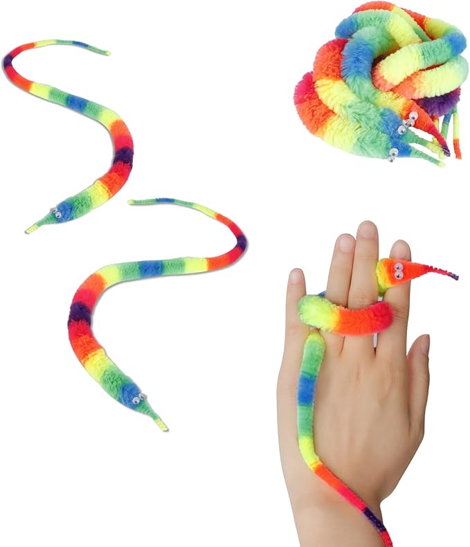 3 PCS Rainbow Fuzzy Worm Toys String Pets,Large Fuzzy Worms On String Bulk Trick Toy Party Favors for Kid Cat (19 Inch)