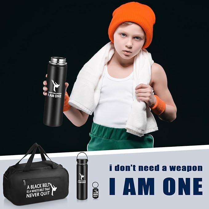 Layhit 3 Pcs Karate Gifts for Boy Girl Include Large Martial Art Duffel Bag 24 oz Stainless Steel Sport Water Bottle Karate Keychain Taekwondo Gifts for Sport Active Athletes Gym Back to School