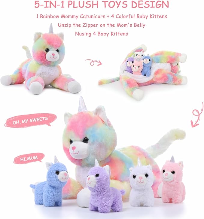 MorisMos Cat Unicorn Stuffed Animal with Baby Kittens, 24'' Mommy Cat and 4 Baby Kitty Stuffed Animals, Large Rainbow Caticorn Plush Pillow, 5Pcs Kitty Unicorn Plush Toys for Girls Boys Birthday Gift