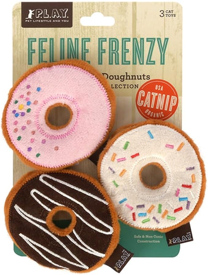 P.L.A.Y. Cute Cat Toys - Feline Frenzy Dessert Food Themed Organic Catnip Filled Toy, Great for Adult Cats and Kittens - Machine Washable, Recycled Materials, Crinkles (Kitty Kreme Donuts, Set of 3)