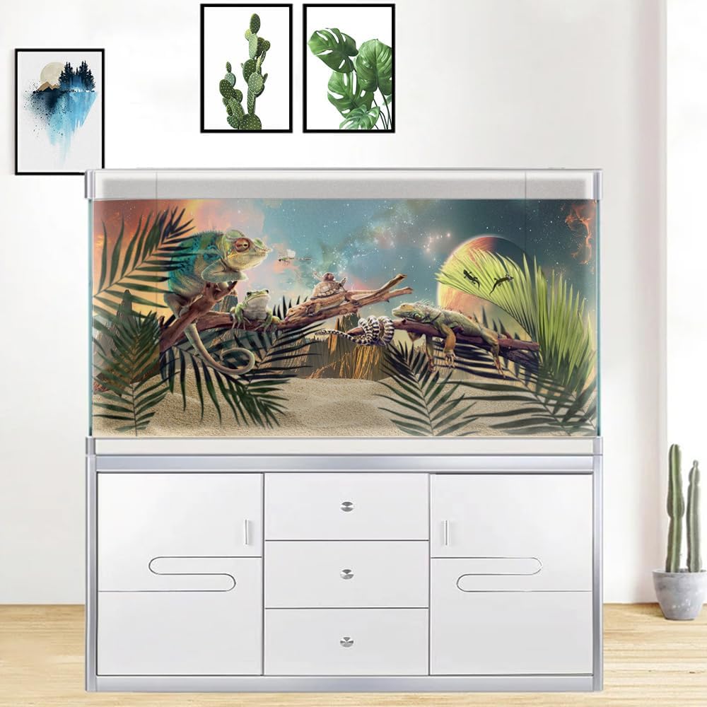 Cosmic Aquarium Background,Cool Galaxy Parallel Space Themed Fish Tank Background, Tropical Desert Terrarium Background 30X18IN with 8 EVA Double-Sided Tape