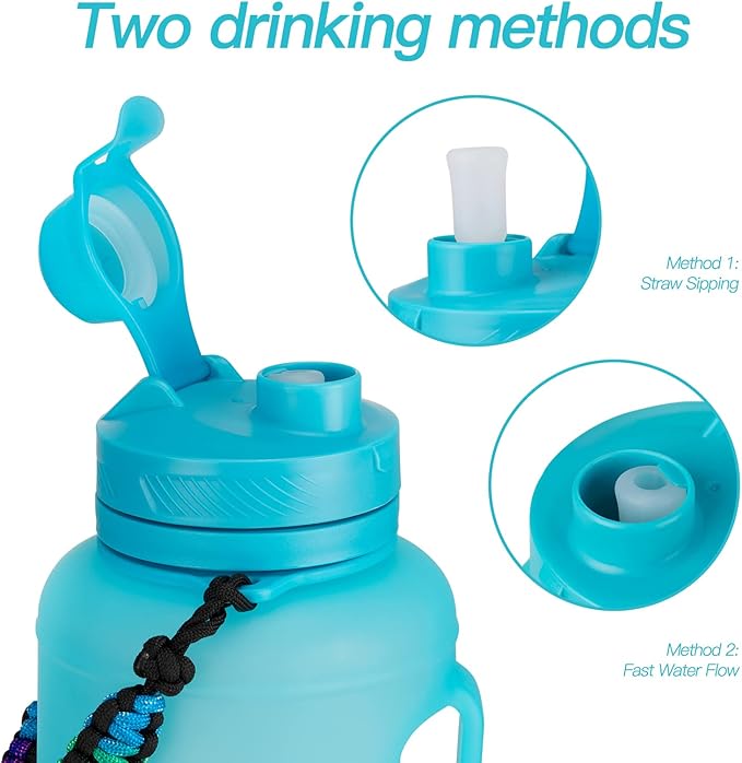 68 oz Collapsible Water Bottles With Straw, Half Gallon Water Bottle With Motivational Time Marker, Large Reusable Silicone Water Jug With Paracord Handle For Sports, Outdoors (Blue)