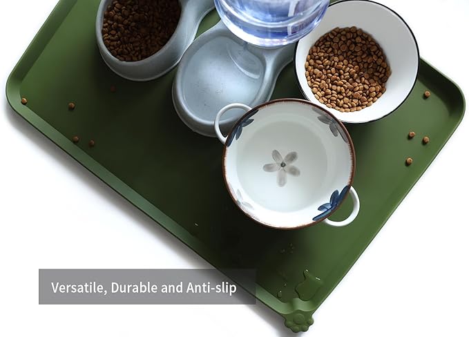 Hoki Found X-Large Silicone Pet Food Mats Tray - Non Slip Dog Cat Bowl Mats Placemat - Pet Feeding Mat - Waterproof Dog Food Mats -Pet Water Mats for Carpet -Dark Olive