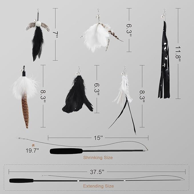 SONGWAY Cat Wand Toys for Indoor Cats - Cat Toy Set with Retractable Teaser Wand and 6 PCS Feather Toy Refills, Dragonfly Tassel Cat Toys Interactive, Black