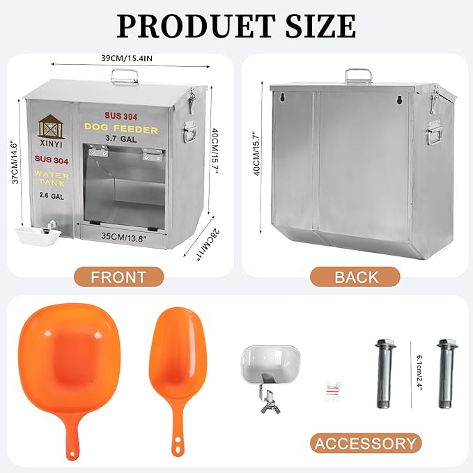 XINYI Automatic Dog Feeder and Waterer 2-in-1,SU304 Stainless Steels 2.6 Gallon Water Tank with 1 Aluminum Alloy Water Cup, 3.7 Gallon Dog Food Dispenser,Automatic Feeder for Pets, Breed, Cat