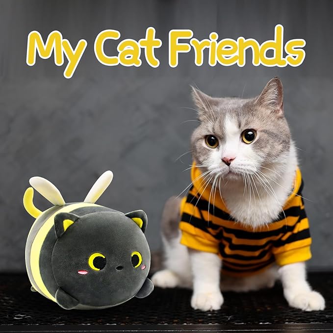 Bee Cat Plush Pillow, 8" Cute Cats Honeybee Stuffed Animals, Kawaii Cats Plushie, Soft Stuffed Bees Cat Plush Hugging Doll Toy for Kids Girls Boys Birthday Christmas