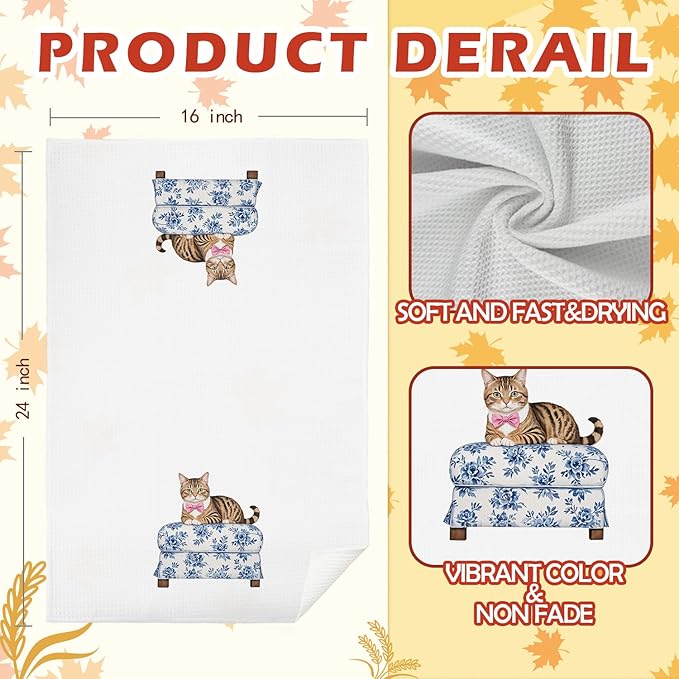 SPBL&L Cat Kitchen Towels, Cat Dish Towels Tea Towels for Kitchen, Cat Gifts for Cat Lovers Women, Cat Mom Gifts, Blue and White Chinoiserie Decor Hand Towels for Bathroom, 16x24 Inches