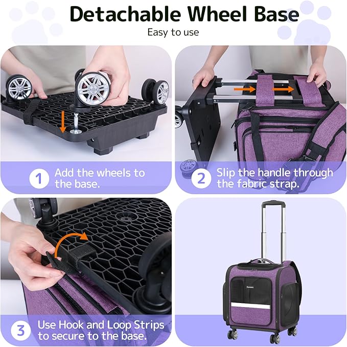 Rolling Cat Carrier with Wheels Dog Carrier for Small Dogs & Medium Cats, Expandable Pet Carrier on Wheels with Cat Play Tunnel, Large Capacity, Breathable Mesh, Side Pocket, Purple