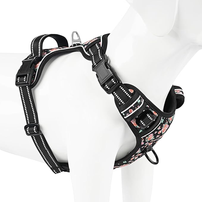 Timos Dog Harness, 3 Snap Buckles No-Pull Soft Padded Dog Vest with 2 Metal Leash Clips,Adjustable Reflective No Choke Pet Harness with Easy Control Handle for Small Dogs,Black Rose,S