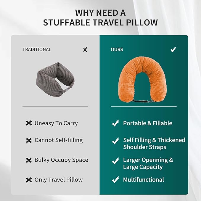 Stuffable Travel Pillow for Extra Luggage, Travel Neck Pillow Stuffable with Clothes, Stuffable Neck Pillow for Travel, Velvet Travel Neck Pillow Storage Bag, Fillable Luggage Pillow (Orange)