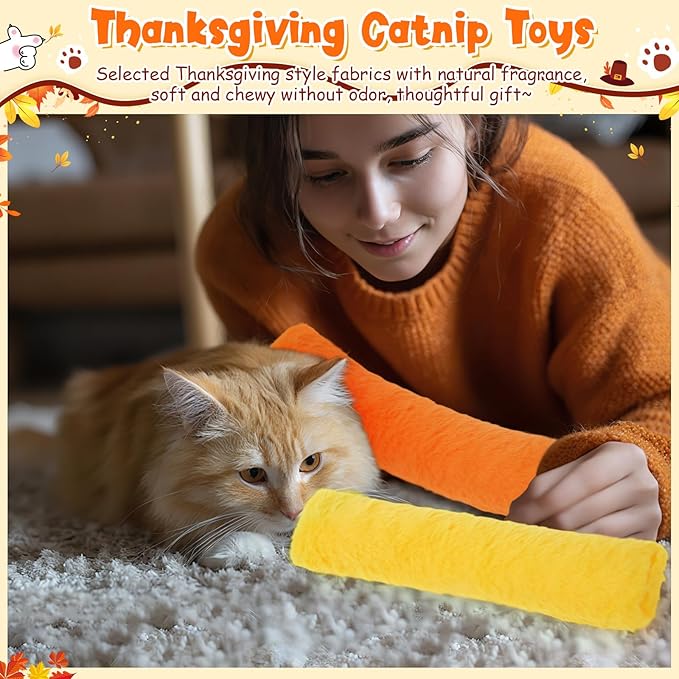 Civaner 6 Pcs 10.6 Inch Fall Cat Toys Thanksgiving Catnip Toys Interactive Kitten Kicker Soft Plush Cat Pillow Sticks Kitten Chasing Chewing Exercising Catnip Sticks Indoor Gift (Gold, Yellow, Orange)