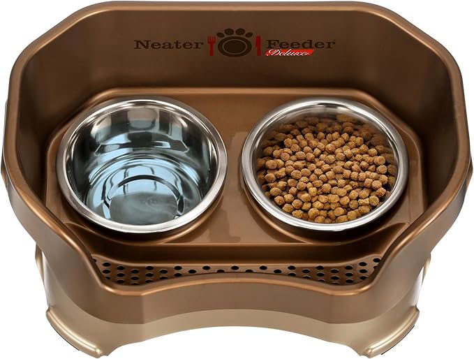 Neater Pet Brands Neater Feeder Deluxe Mess Proof Dog Bowls Elevated for Medium Dogs 19-40 lbs, Made in USA, No Spill Raised Dog Food Bowl Stand Feeding Station, Food and Water Bowl Set, Bronze