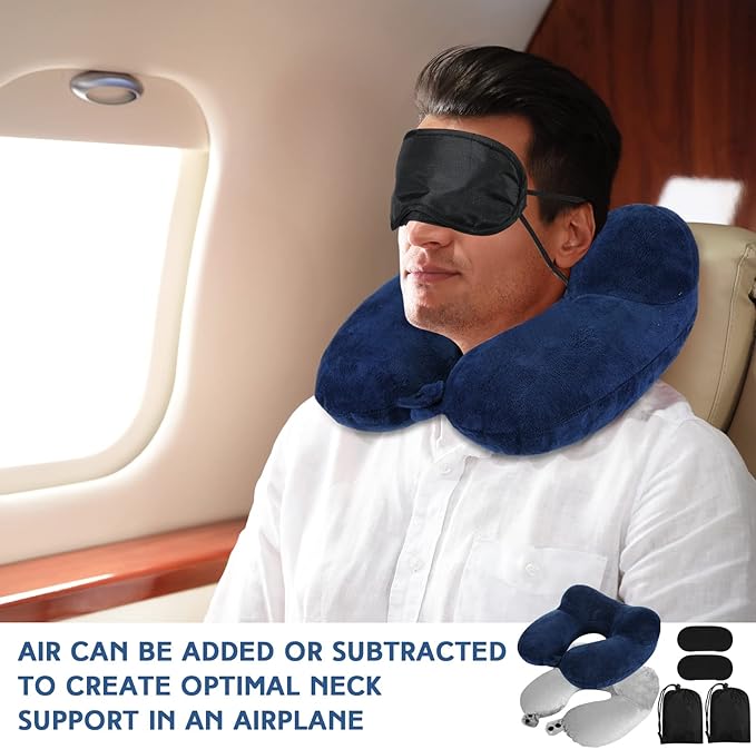 Sintuff 2 Pack Inflatable Travel Pillow for Airplanes Inflatable Neck Pillows with Compact Bag and Blindfold Soft Flight Pillow for Traveling, Airplane, Train, Car, Office(Gray and Blue)