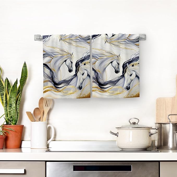 Abstract Horse Dish Towels for Kitchen Drying, Golden Kitchen Towels Decorative Set of 2, Cute Absorbent Hand Dish Cloths for Cooking Baking Bar Bathroom Decor, Gifts for Horse Lovers