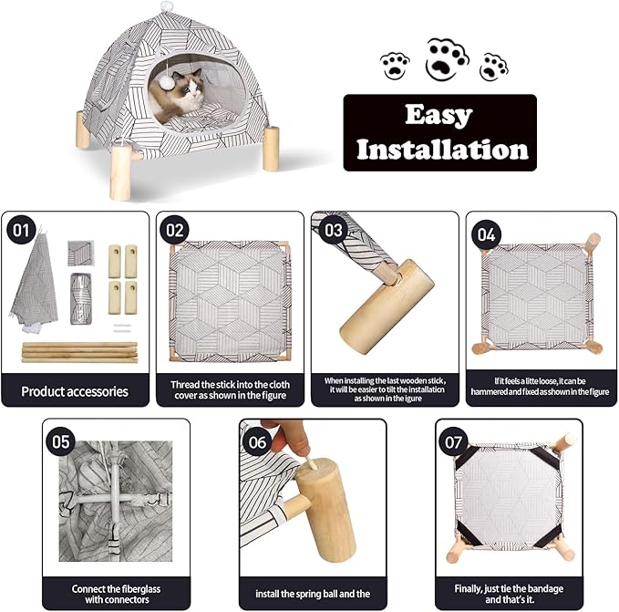 2-in-1 Elevated Cat Tent Cat House, Quick Assembly and Disassembly, Portable Indoor/Outdoor Cute Cat Bed Cave-White Diamond Pattern