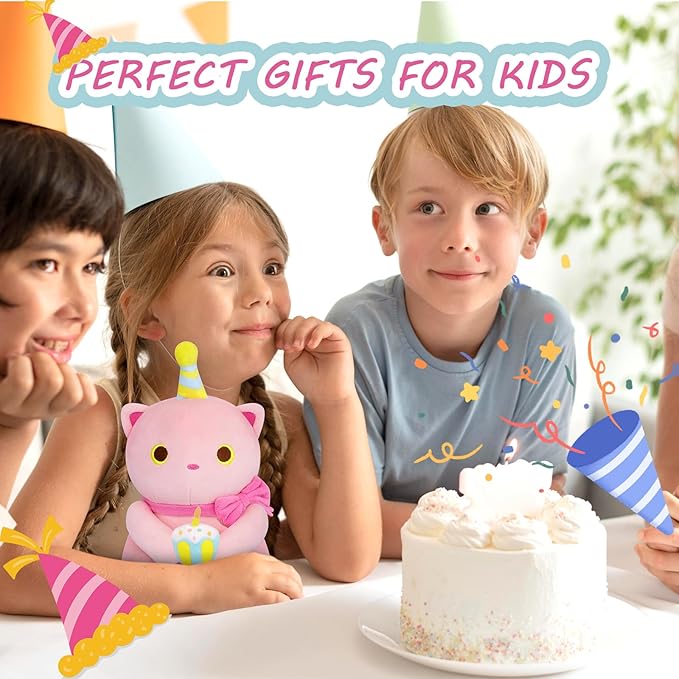 Cat Stuffed Animal - 8 Inch Pink Cat Birthday Stuffed Animal, Cute Stuffed Cat Plush Toy Happy Birthday Gifts for Kids Boys Girls