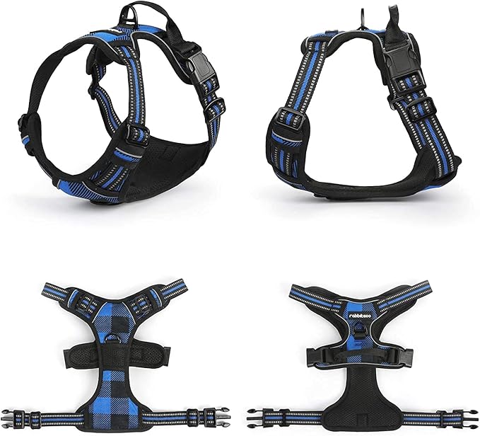rabbitgoo Dog Harness No-Pull, Comfortable Padded Plaid Harness with Handle Easy Control, Adjustable Reflective Pet Vest with 2 Leash Clips for Small Dog, Blue Plaid, S