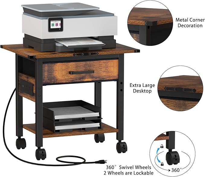 Lerliuo Under Desk Rolling Printer Stand with Charging Station and USB Ports, 2-Tier Printer Table Desk with Fabric Drawer, Printer Cart Holder with Lockable Wheels for Home, Office (Brown)