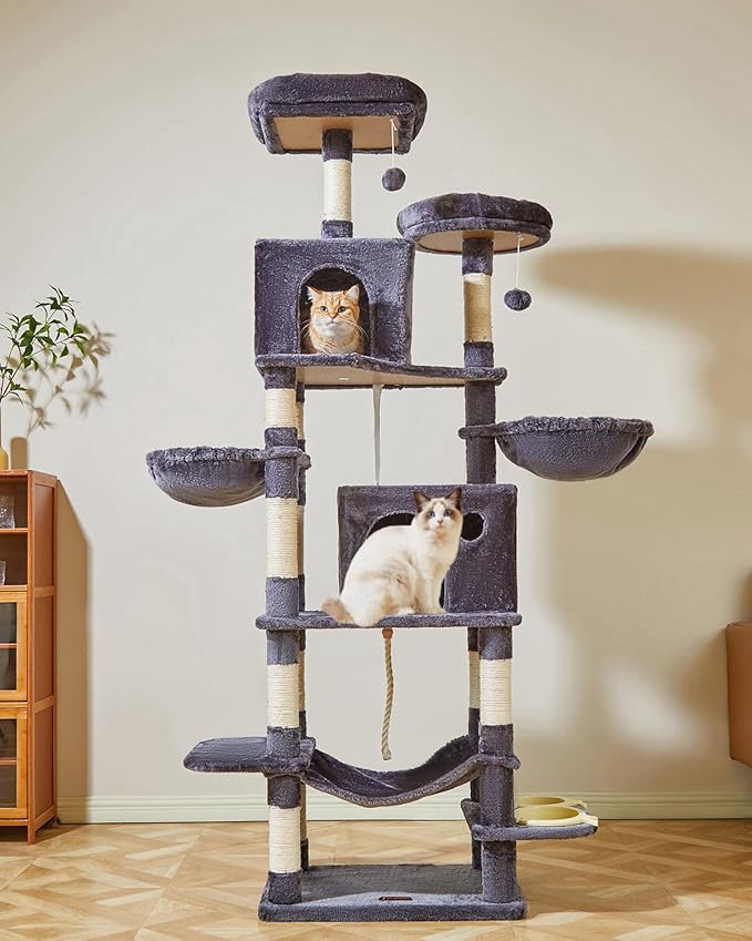 Taoqimiao 76-Inch Cat Tree Cat Tower for Indoor Cats, Plush Multi-Level Cat Condo with 12 Scratching Posts, 2 Perches, 2 Caves, Hammock, 2 Pompoms MS016G Smoky Gray