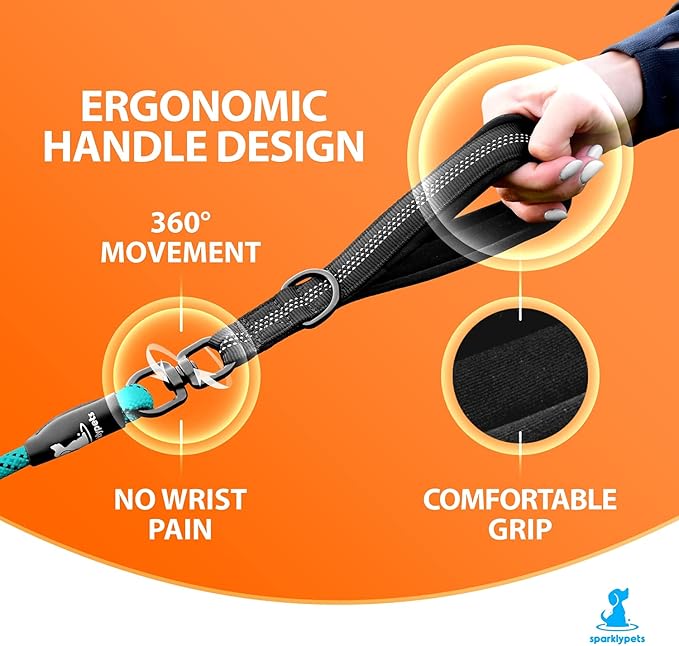 SparklyPets Double Dog Leash for 2 Dogs – Rope Bungee Dual Leash for Medium and Large Breeds with Padded Handles & Tangle Free (Teal, Medium/Large)