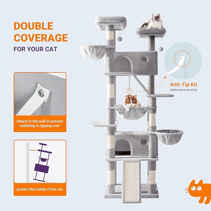 Allewie 81 Inches Tall Cat Tree/Multi-Level Large Climbing Tree House and Towers for Big Feline/Condo and Hammock/Scratching Post/Wide Base/Grey