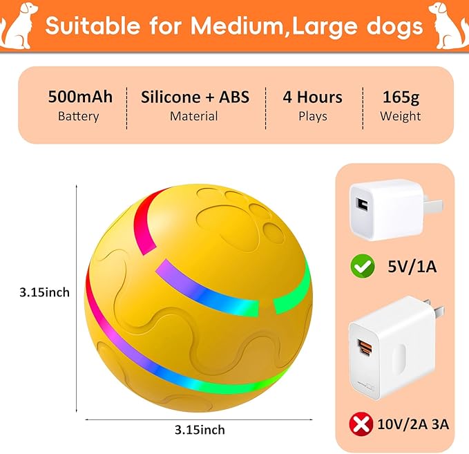 Interactive Dog Toy, Smart Interactive Dog Ball for Medium Large Dogs, Automatic Moving Vibrating Ball for Pets. Bouncing Pet Toys, Safe Material, Rechargeable and Waterproof