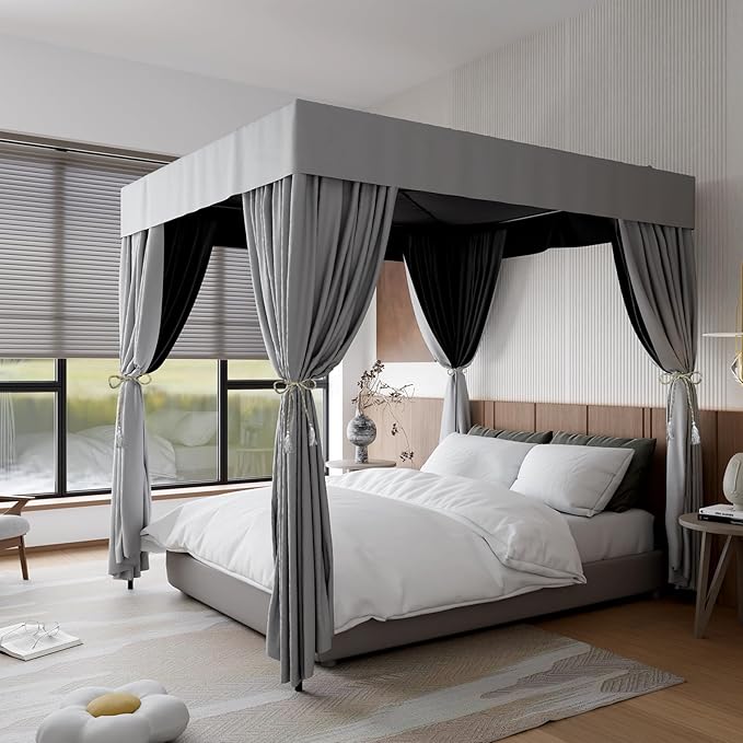Hvqic Grey Canopy Bed Curtains - 4 Corner Post Bed Curtains Queen Bed Curtains Lightproof Drapes Bed Canopy for Adults & Girls Bedroom Decoration(Queen,Grey)