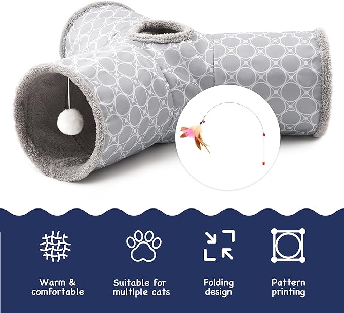 Tempcore Pet Cat Tunnel Tube Cat Toys 3 Way Collapsible, Cat Tunnels for Indoor Cats Fleece-Lined in for Warmth,Kitty Tunnel Bored Pet Toys Peek Hole Toy Ball Cat, Puppy, Kitten, Geometry Grey