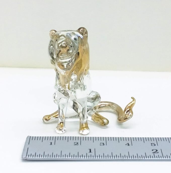 WitnyStore Tiny 1½" Long Clear Gold Sitting Lion Roaring Figurine - Miniature Hand Blown Painted Glass Panthera Wild Cat Small Crystal Wildlife Animals Decorative Collectible Figurines Décor Gifts