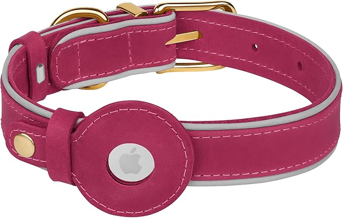 OOPSDOGGY Reflective Geniune Leather Airtag Dog Collar Soft Padded Collars for Small Medium Large Breed Dogs Puppy, 4 Sizes, 7 Colors (Pink, XLarge, 19"-24")