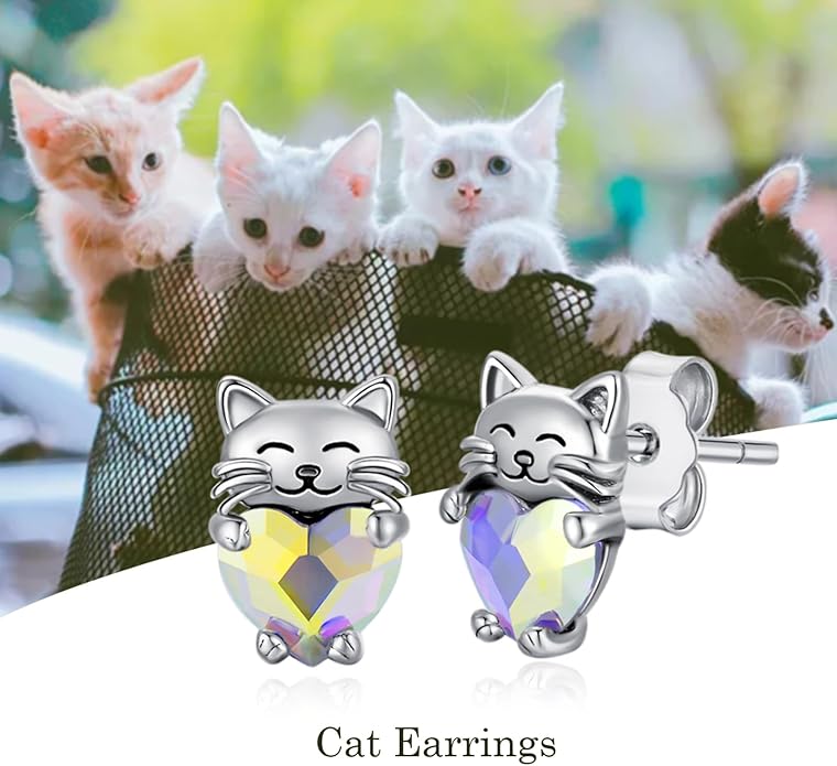 925 Sterling Silver Cat Earrings Cute Animal Kitten Stud Earrings cat Jewelry Gifts for Women Girls Hypoallergenic Earrings for Sensitive Ears
