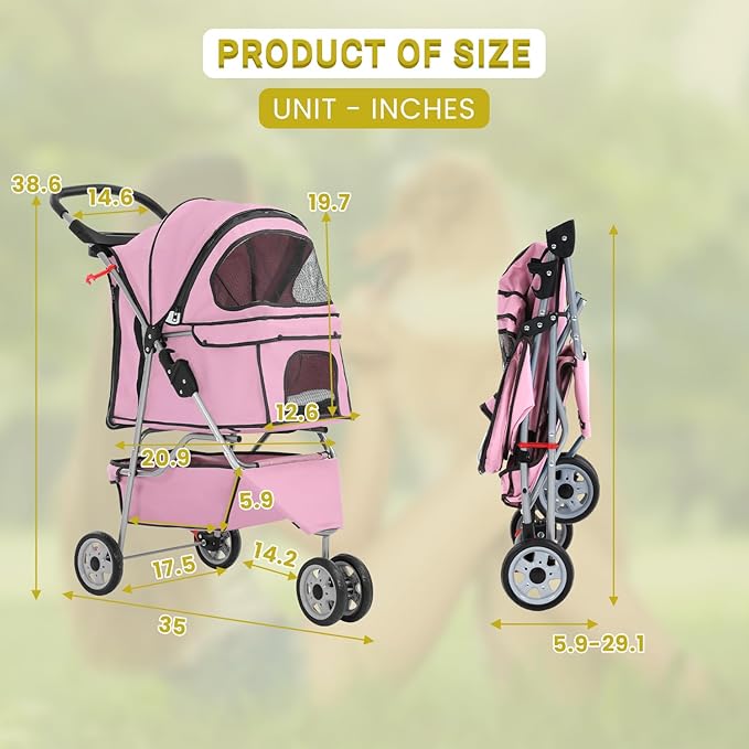 3-Wheels Pet Strolling Cart for Small Medium Dogs and Cats with Storage Basket,Holder, Foldable Pet Stroller with Waterproof Cover, Breathable Mesh for All-Season, Pink