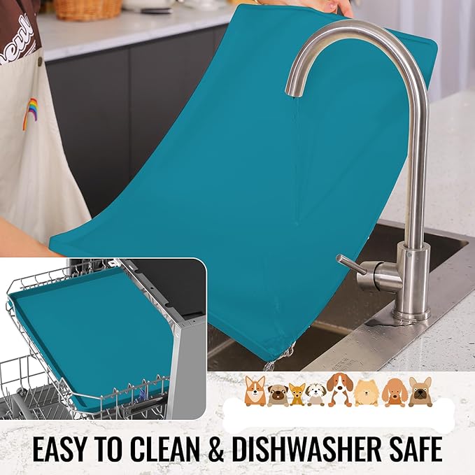 MateeyLife Dog & Cat Food Water Mat for Floors Waterproof, Nonslip Pets Bowl Feeding Mats with Raised Edges, Silicone Matt Tray for Messy Drinkers, 18"x12", Teal