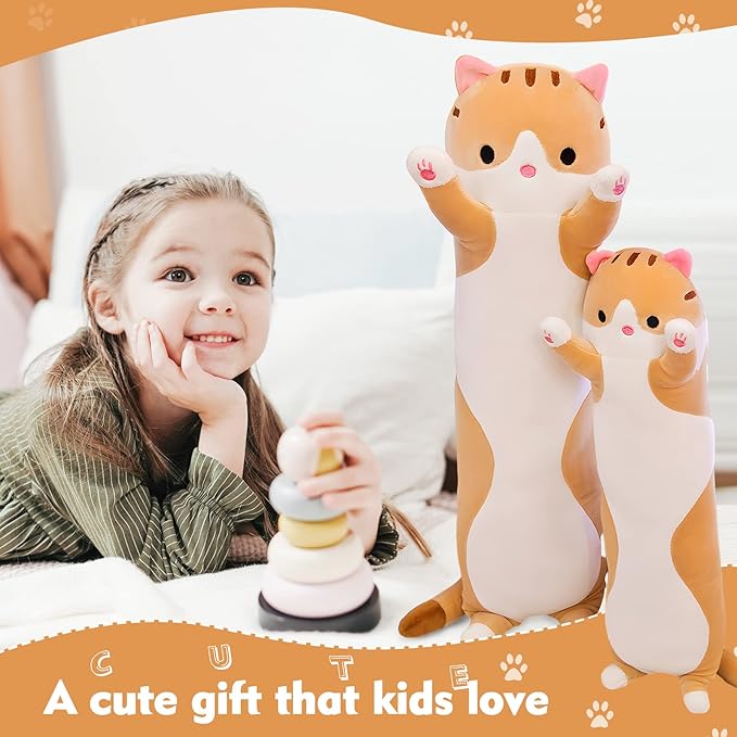 Long Cat Plush Pillow, 35.4in Cute Cat Plushie Stuffed Animals Body Pillow, Yellow Kawaii Kitten Soft Plushie Doll Toy Birthday Gift for Kids Girlfriend