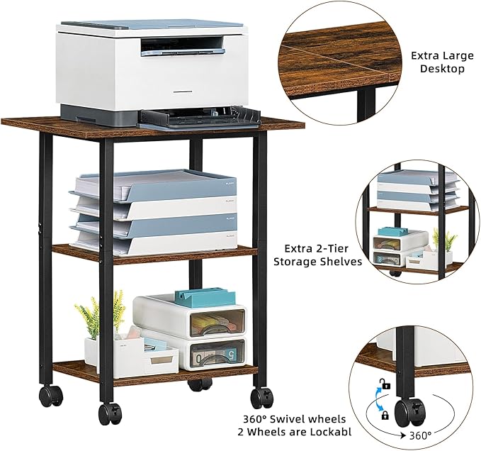 Lerliuo 3-Tier Printer Stand, Industrial Mobile Printer Table with Storage Shelf and Steel Frame, Rolling Printer Cart Holder with Lockable Wheels for Home, Office (Brown)