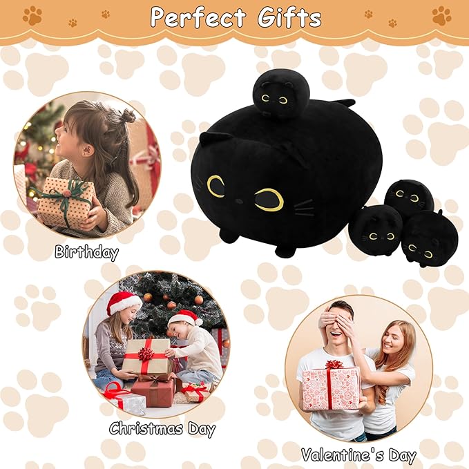 Black Cat Stuffed Animal Mommy Cat Plush Toys with 4 Squishy Baby in Her Tummy Soft Cute Hugging Pillows for Boys and Girls