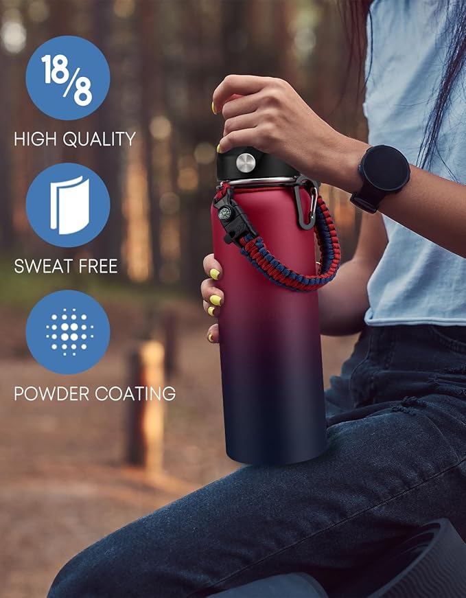 40oz Insualted Water Bottle Leak Proof Stainless Steel Flask Water Bottles with Straw Flex Lid, Survival Paracord, Shoulder Carrier Bag, Metal Hydro Water Flask Mug Sports Hiking Cycling Work