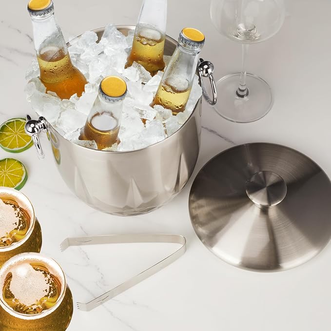 Ice Bucket with Lid, Double Wall Stainless Steel insulated ice bucket, Champagne Bucket, Wine Bucket for parties, cocktail bar, Sliver, 3L