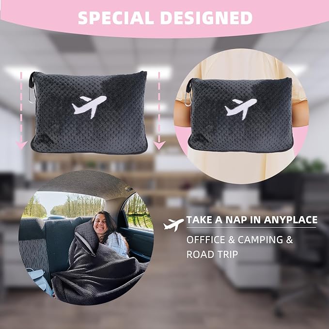 4 in 1 Travel Blanket and Pillow Set with Airplane Footrest - 350 GSM Thick Travel Blanket Airplane Compact with Bag, Inflatable Pillow, Foot Hammock for Plane Travel (Dark Grey)