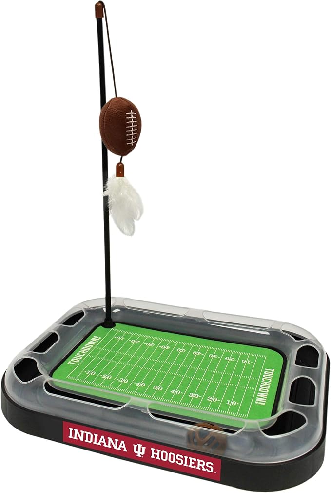 Pets First NCAA Indiana Hoosiers Reversible Football Field CAT Scratcher with Catnip Filled Plush Football & Feather Cat Toy, with Jingle Bell Interactive Ball Cat Chasing 6-in-1 Kitty Toy