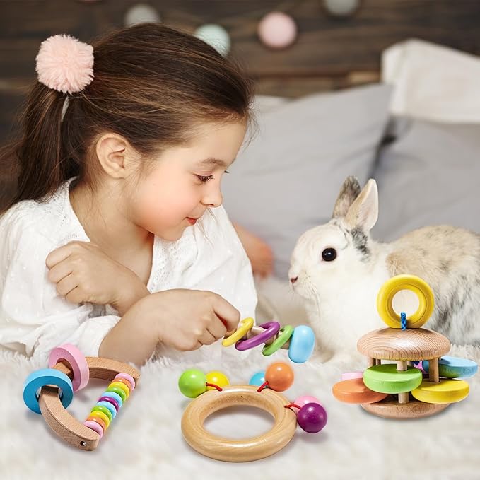 4 Pcs Wooden Bunny Toys - Safe Rabbit & Guinea Pig Toys for Chinchillas & Hamsters, Teeth Grinding, Indoor & Outdoor