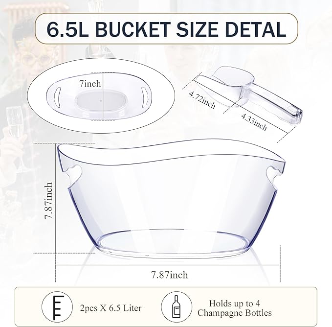Ice Buckets for Parties, 6.5L Beverage Tub 2pcs Large Mimosa Bar Clear Acrylic Champagne Bucket with Scoops, Drink Bucket Tub for Cocktail Bar, Upgraded 6.5 Liter Wine Beer Cooler Bucket Kit