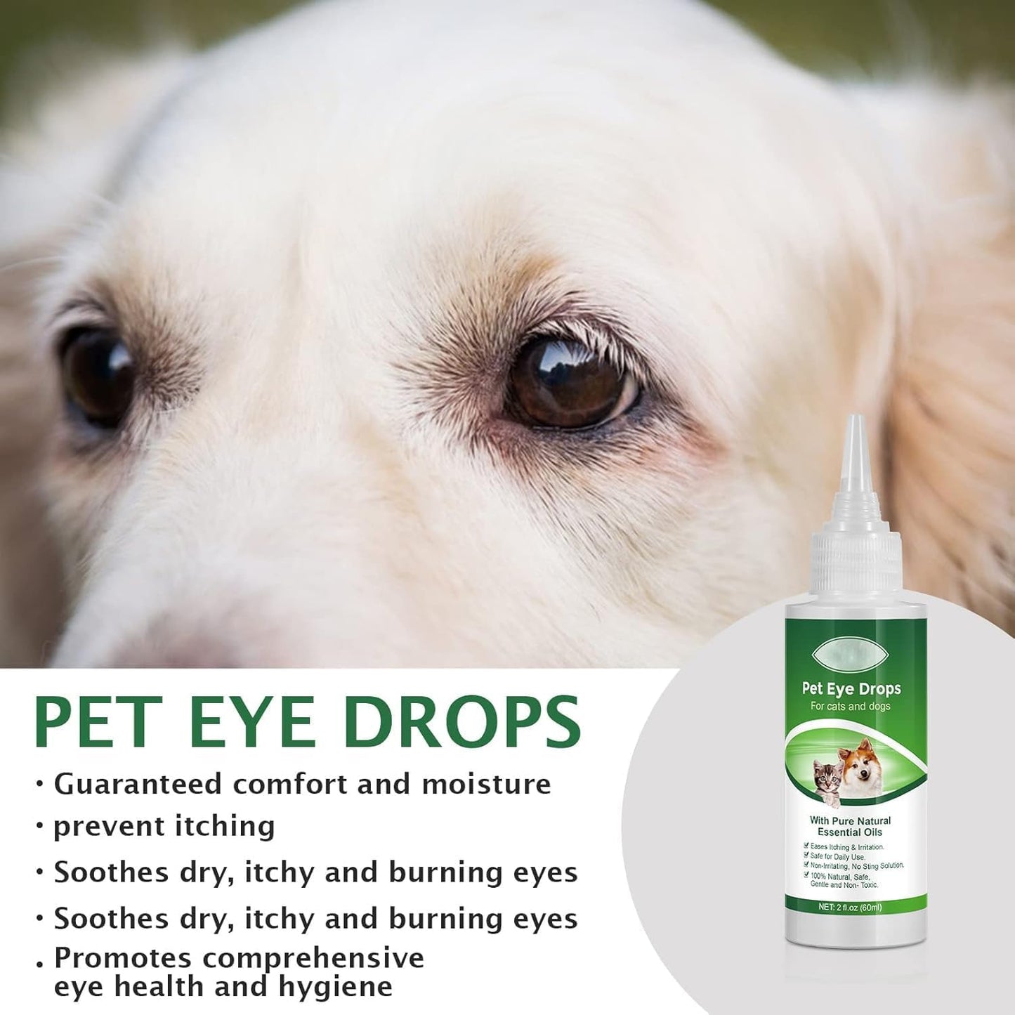 AIQIUSHA Dog Eye Drops 60ML for All Animal Eye Wash,Helps Relieve Pink Eye & Allergy Symptoms,Eases Itching & Irritation,with Pure Natural Essential Oils 100% Natural, Safe, Gentle and Non- Toxic
