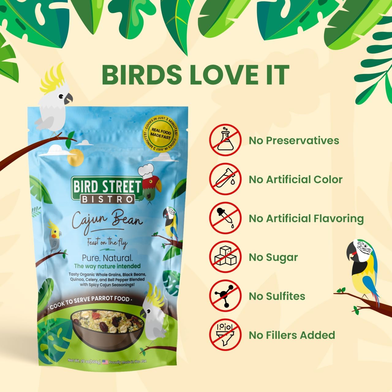 Parrot Food - Parakeet & Cockatiel Food - Cooks in 3-15 min with Natural & Organic Grains, Legumes, Healthy Fruits, Vegetables & Spices