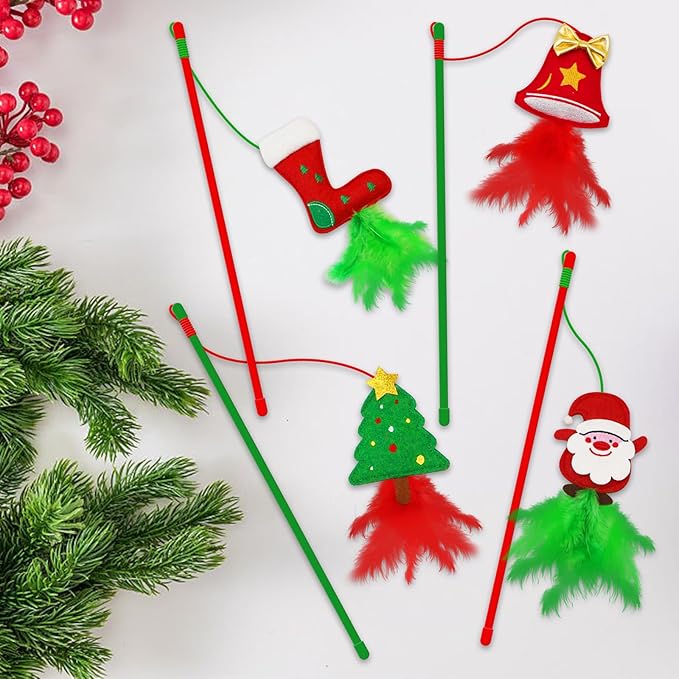 Cat Wand Toys - 4 Pack Wand Toys for Indoor Cats, Catnip and Feather Cat Gifts for Christmas Kitten