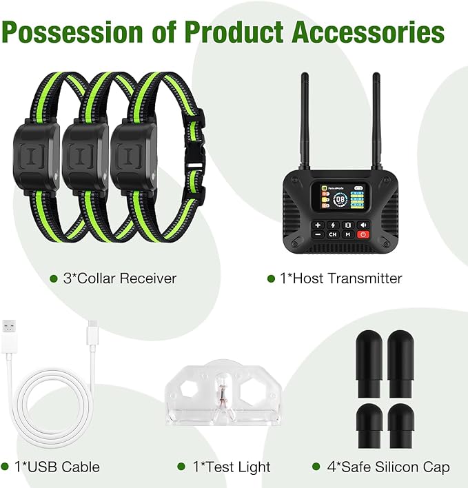 Wireless Dog Fence 2.4GHz Electric Fence for Dogs Wireless Fence for Dogs Portable Electric Dog Fence with Waterproof and Rechargeable Dog Training Collar (1 Controller & 3Collar)