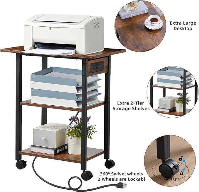 Lerliuo 3-Tier Printer Stand with Charging Station, Industrial Mobile Printer Table with Storage Shelf and Steel Frame, Rolling Printer Cart Holder with Lockable Wheels for Home, Office (Brown)