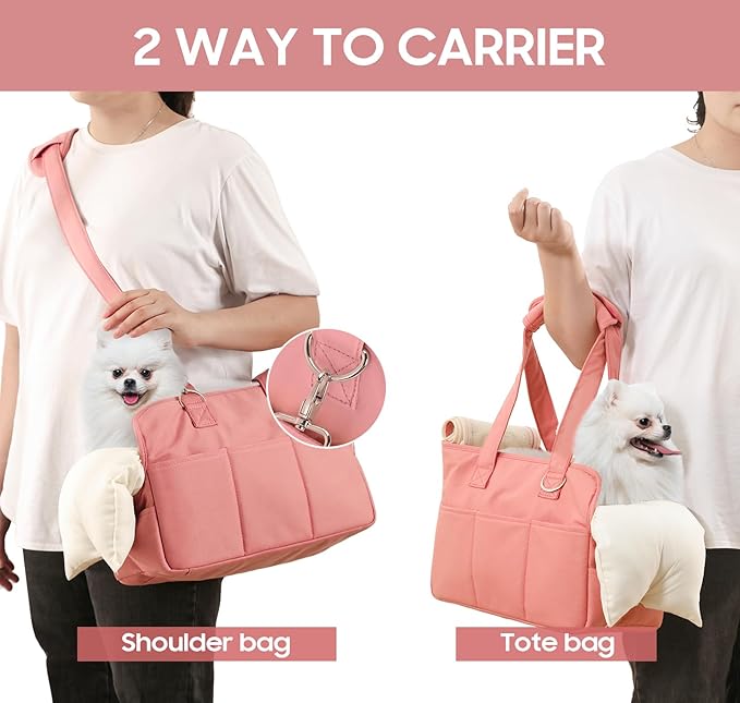Dog Purse Carrier for Small Dogs, Soft Soft Sided Folding Dog Carriers for Small Dogs Medium Cats Puppies up to 15 Lbs, Washable Breathable Puppy Carrier for Outdoor Travel (Large Pink)