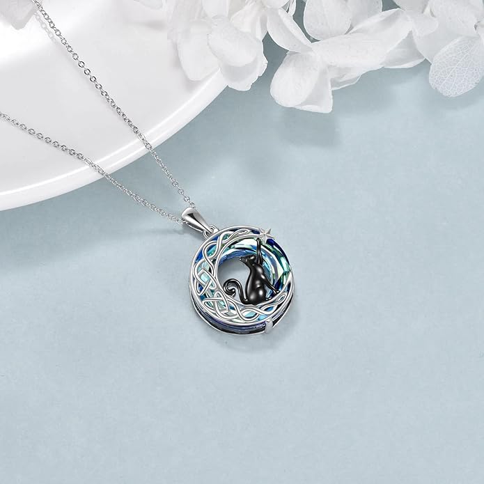 925Sterling Silver Moon Black Cat Necklace for Women Tree of Life Cat Jewelry for Women Abalone Necklace for Cat Lover Birthday