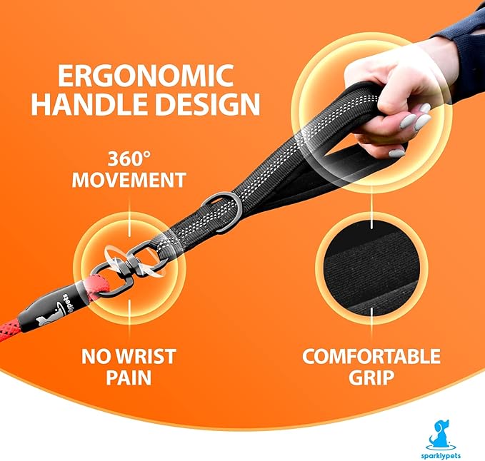 SparklyPets Double Dog Leash for 2 Dogs – Rope Bungee Dual Leash for Medium and Large Breeds with Padded Handles & Tangle Free (Red, Medium/Large)